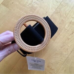 Faux Black Suede Belt with Tan Rattan Circle Buckle, NWT